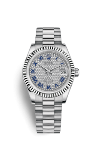 Datejust 31 White Gold Fluted / President / Paved Roman