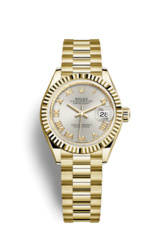 Lady-Datejust 28 Yellow Gold Fluted / President / Silver Roman