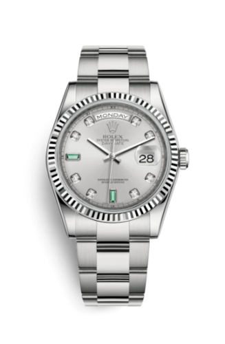 Day-Date 36 White Gold Fluted / Oyster / Silver Diamond Emerald