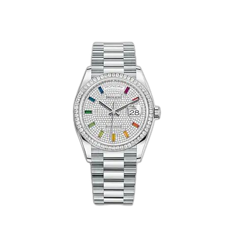 Day-Date 36 Platinum - Baguette / Paved - Rainbow / President