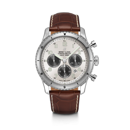 Aviator 8 B01 Chronograph 43 Stainless Steel / Silver / Brown Croco