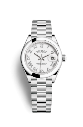Lady-Datejust 28 Platinum Domed / President / White Roman