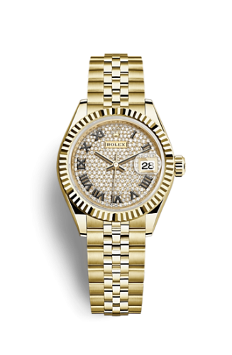 Lady-Datejust 28 Yellow Gold Fluted / Jubilee / Paved Roman