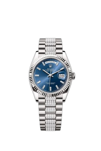 Day-Date 36 White Gold - Fluted / Bright Blue - Baguette / President - Diamond