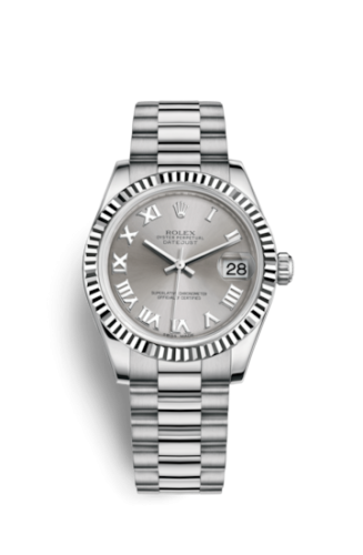 Datejust 31 White Gold Fluted / President / Rhodium Roman