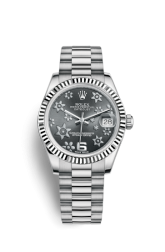 Datejust 31 White Gold Fluted / President / Dark Rhodium Floral