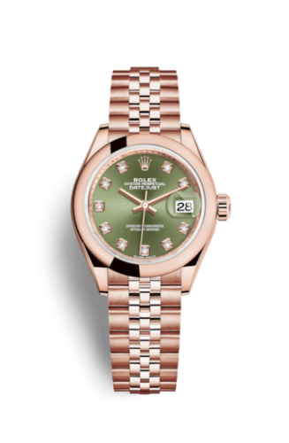 Lady-Datejust 28 Everose Domed / Jubilee / Olive Green Diamond