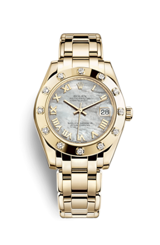 Datejust Pearlmaster 34 Yellow Gold 12 Diamond Mother of Pearl Roman