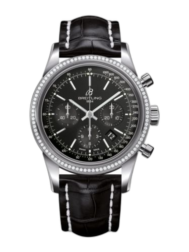 Transocean Chronograph Stainless Steel / Diamond / Black / Croco