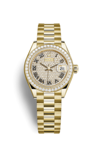 Lady-Datejust 28 Yellow Gold Diamond / President / Paved Roman