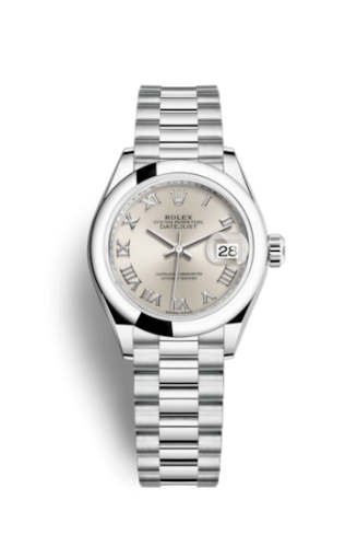 Lady-Datejust 28 Platinum Domed / President / Silver Roman