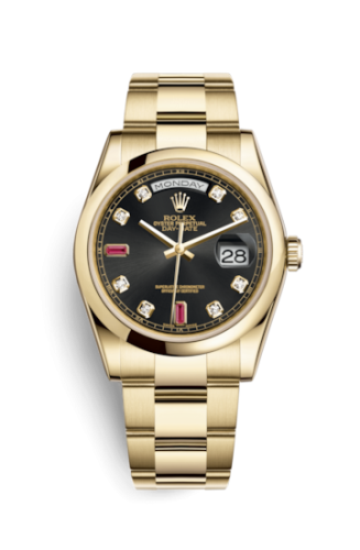 Day-Date 36 Yellow Gold Domed / Oyster / Black Diamonds Rubies