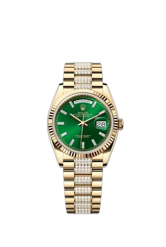 Day-Date 36 Yellow Gold - Fluted / Bright Green - Baguette / President - Diamond