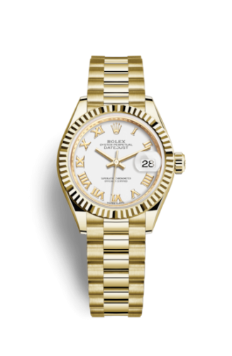Lady-Datejust 28 Yellow Gold Fluted / President / White Roman