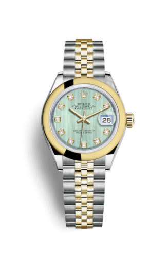 Lady-Datejust 28 Rolesor Yellow Domed / Jubilee / Mint Green Tuxedo