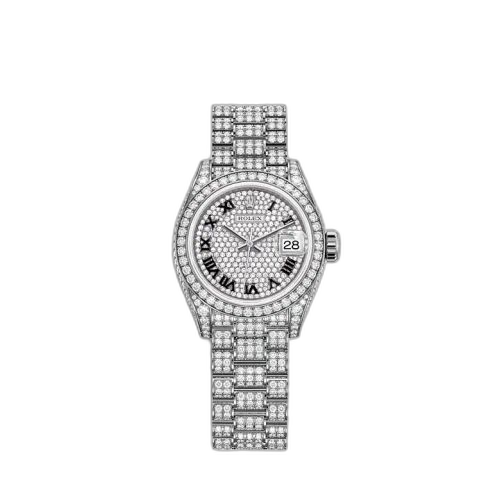 Lady-Datejust 28 White Gold / Diamond / Paved - Roman / President