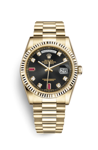Day-Date 36 Yellow Gold Fluted / President / Black Diamonds Rubies