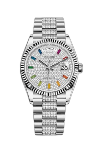 Day-Date 36 White Gold / Fluted / Paved-Rainbow / President-Diamond