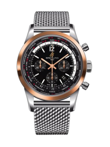 Transocean Chronograph Unitime Pilot Stainless Steel / Red Gold / Black / Milanese
