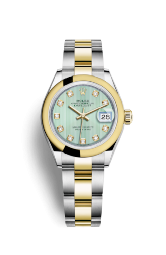 Lady-Datejust 28 Rolesor Yellow Domed / Oyster / Mint Green Tuxedo