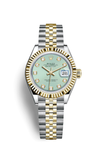 Lady-Datejust 28 Rolesor Yellow Fluted / Jubilee / Mint Green Tuxedo