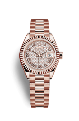 Lady-Datejust 28 Everose Fluted / President / Paved Roman