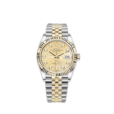 [126233-0043] Datejust 36 Stainless Steel - Yellow Gold - Fluted / Champagne - Palm - Diamond / Jubilee