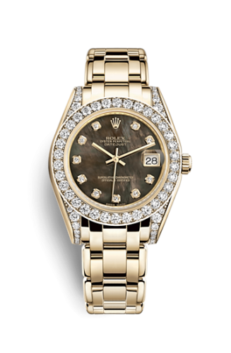 [81158-0066] Datejust Pearlmaster 34 Yellow Gold Diamond Shoulders Black Mother of Pearl Diamonds