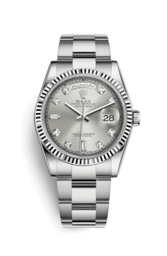 [118239-0078] Day-Date 36 White Gold Fluted / Oyster / Silver Diamonds