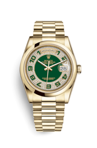 [118208-0175] Day-Date 36 Yellow Gold Domed / President/ Green Paved