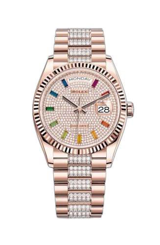 [128235-0040 (aka: M128235-0040)] Day-Date 36 Everose Gold / Fluted / Paved-Rainbow / President-Diamond