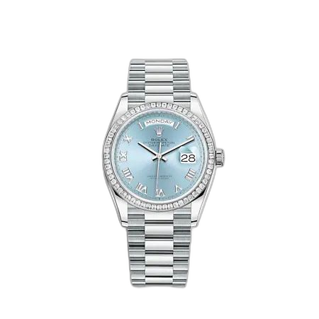 [128396TBR-0002 (aka: M128396TBR-0002)] Day-Date 36 Platinum - Baguette / Ice Blue - Roman / President