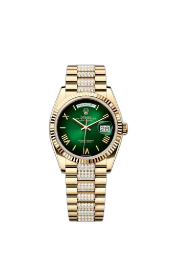 [128238-0119 (aka: m128238-0119)] Day-Date 36 Yellow Gold / Fluted / Green Ombré - Roman / President - Diamond