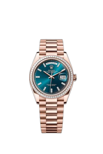 [128395TBR-0032] Day-Date 36 Everose Gold - Baguette / Blue-Green - Baguette / President