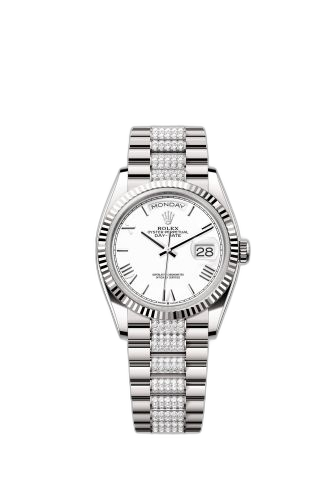 [128239-0060 (aka: m128239-0060)] Day-Date 36 White Gold - Fluted / White - Roman / President - Diamond