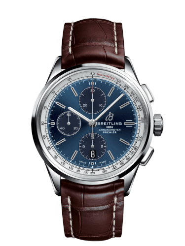 [A13315351C1P1] Premier Chronograph 42 Stainless Steel / Blue / Croco Brown / Folding