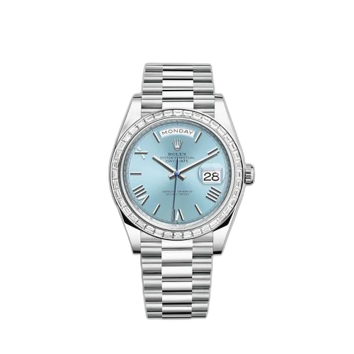 [228396tbr-0030] Day-Date 40 Platinum - Baguette / Ice Blue - Roman