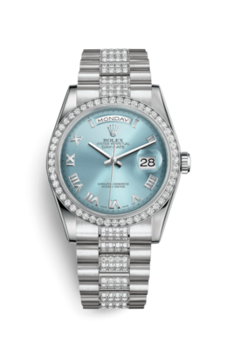 [118346-0044] Day-Date 36 Platinum Diamonds / President Diamonds / Ice Blue Roman