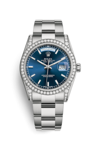 [118389-0125] Day-Date 36 White Gold Diamonds / Oyster / Blue