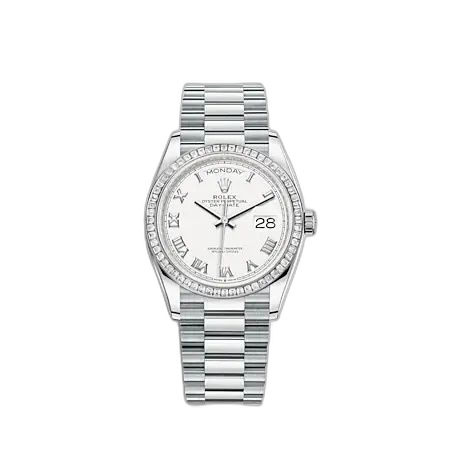 [128396TBR-0010 (aka: M128396TBR-0010)] Day-Date 36 Platinum - Baguette / White - Roman / President
