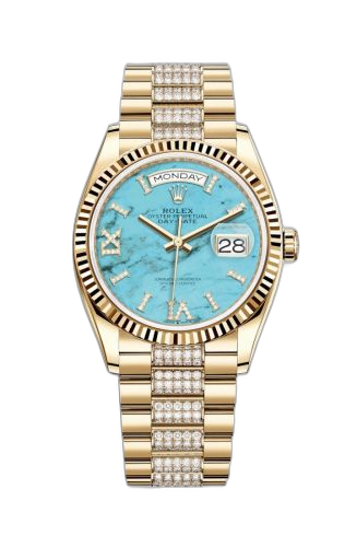 [128238-0072 (aka: M128238-0072)] Day-Date 36 Yellow Gold / Fluted / Turquoise / President-Diamond