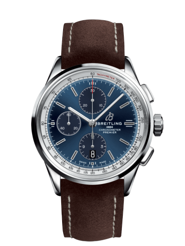 [A13315351C1X2] Premier Chronograph 42 Stainless Steel / Blue / Nubuck Brown / Tang