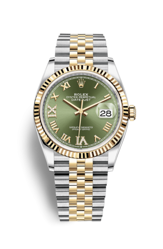 [126233-0025] Datejust 36 Stainless Steel / Yellow Gold / Fluted / Olive Green Roman Diamond / Jubilee