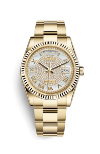 [118238-0386] Day-Date 36 Yellow Gold Fluted / Oyster Diamond / Paved Roman