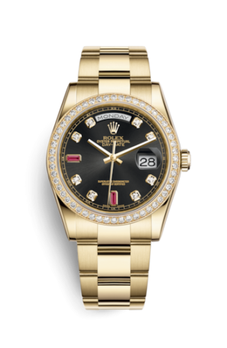 [118348-0209] Day-Date 36 Yellow Gold Diamonds / Oyster / Black Diamonds Rubies