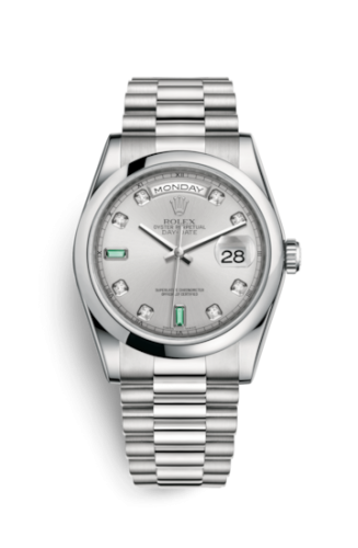 [118206-0114] Day-Date 36 Platinum Domed / President / Silver Diamond Emerald