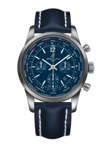 [AB0510U9|C879|101X] Transocean Chronograph Unitime Pilot Stainless Steel / Blue / Calf