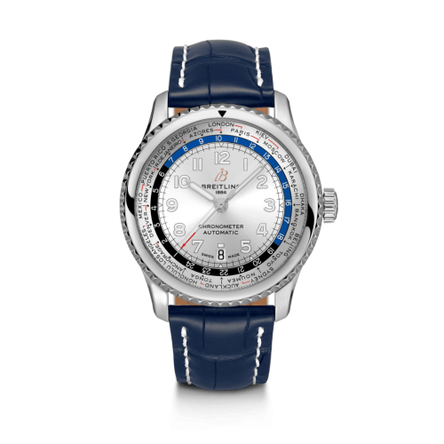 [AB3521U01G1P2] Navitimer 8 B35 Automatic Unitime 43 Stainless Steel / Silver / Blue Croco / Pin