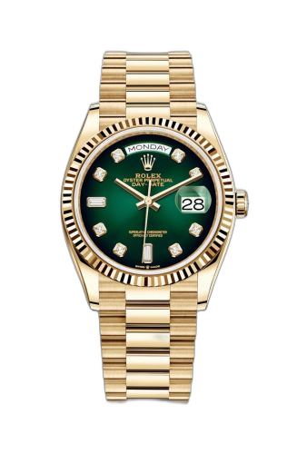 [128238-0069 (aka: M128238-0069)] Day-Date 36 Yellow Gold / Fluted / Green Ombré-Diamond / President