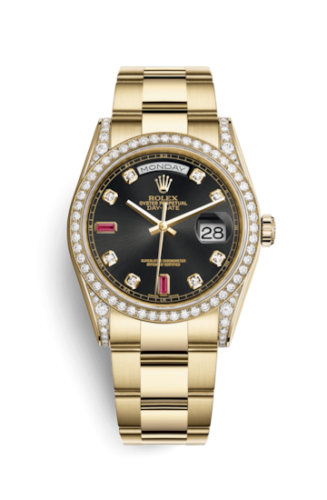 [118388-0136] Day-Date 36 Yellow Gold Diamonds / Oyster / Black Diamonds Rubies